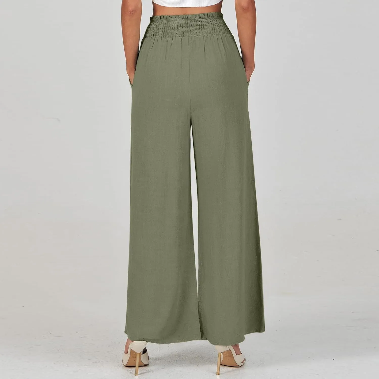 Women's Flowy Linen Pants Casual Wide Leg Pants Comfy Baggy High Waisted Palazzo Pants Beach Pants with Pockets