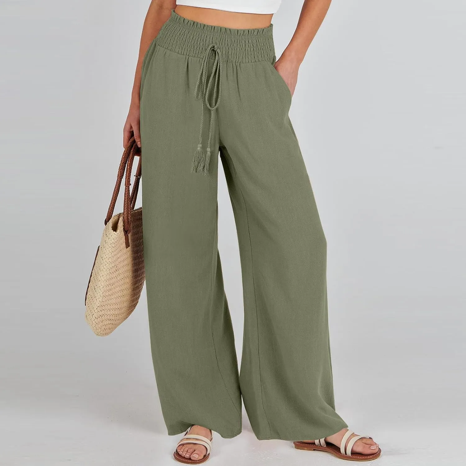 Women's Flowy Linen Pants Casual Wide Leg Pants Comfy Baggy High Waisted Palazzo Pants Beach Pants with Pockets