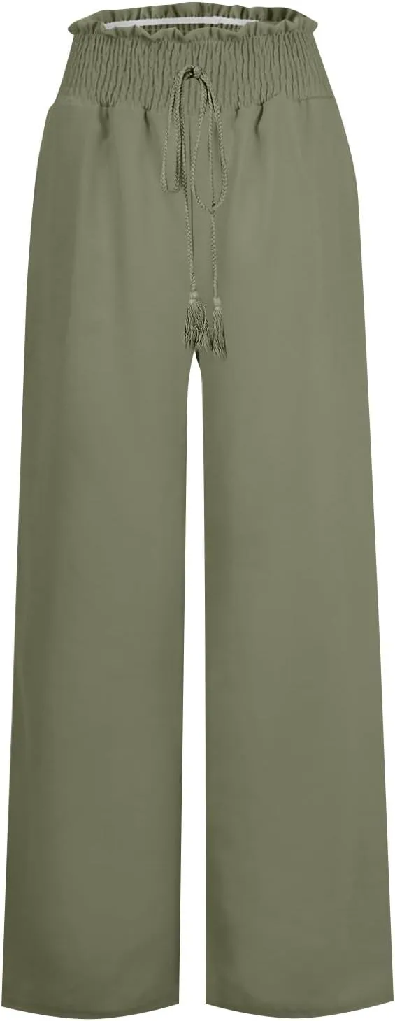 Women's Flowy Linen Pants Casual Wide Leg Pants Comfy Baggy High Waisted Palazzo Pants Beach Pants with Pockets