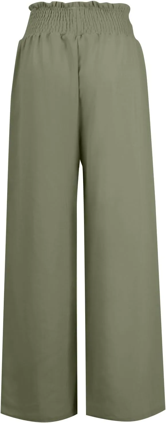 Women's Flowy Linen Pants Casual Wide Leg Pants Comfy Baggy High Waisted Palazzo Pants Beach Pants with Pockets