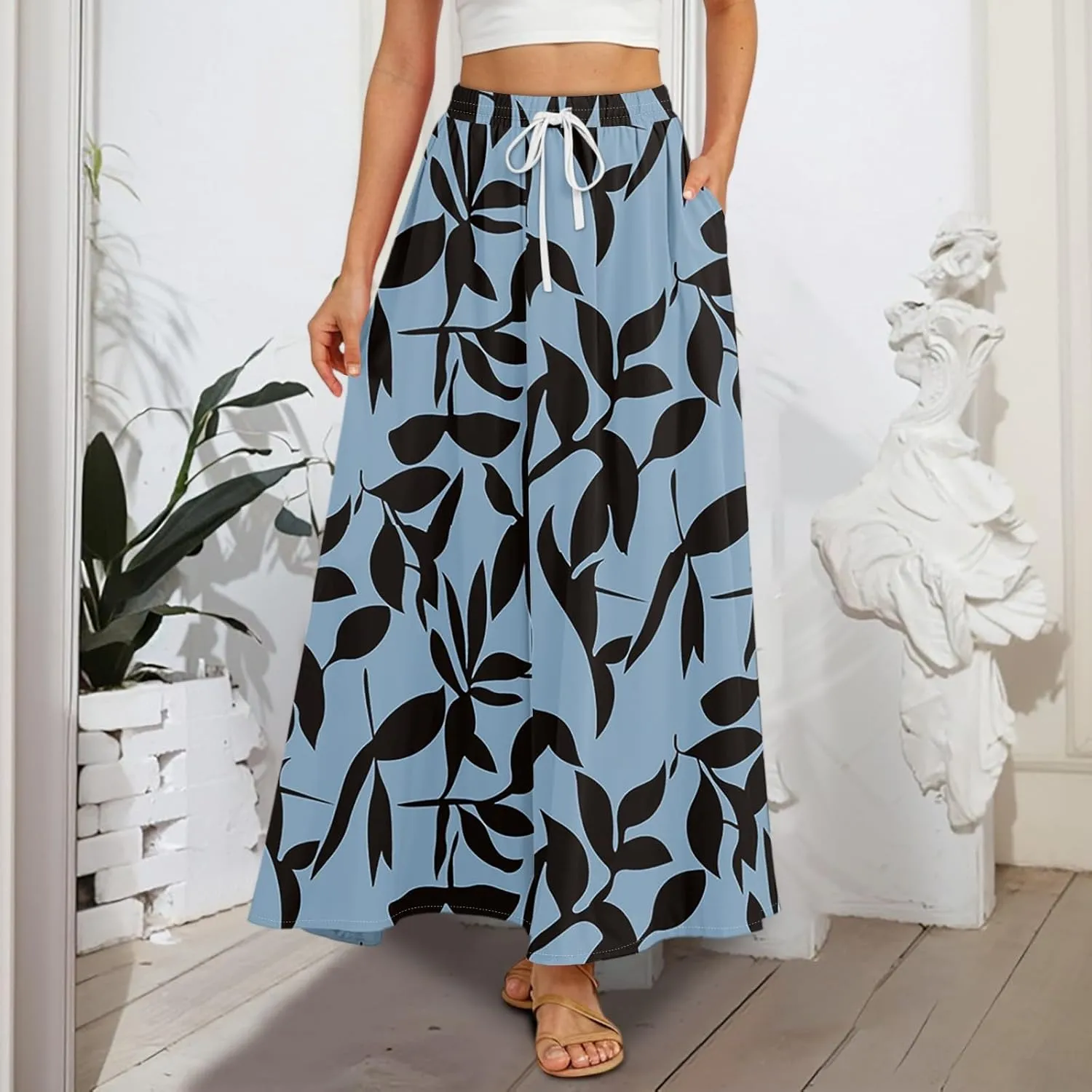Women's Flowy Maxi Skirt Summer High Waisted Pleated tie Casual Long Skirts with Pockets, S-2XL