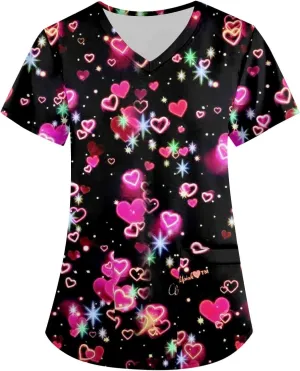 Womens Heart Printed Animals Nurse Uniforms 2025 Scrub Tops for Women, Short Sleeve Scrub V Neck Shirt with Pockets