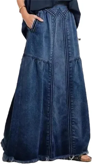Women's High Full Length Skirts Loose Fit Vintage Bottoms Boho Denim High Waist Frayed Maxi Skirts