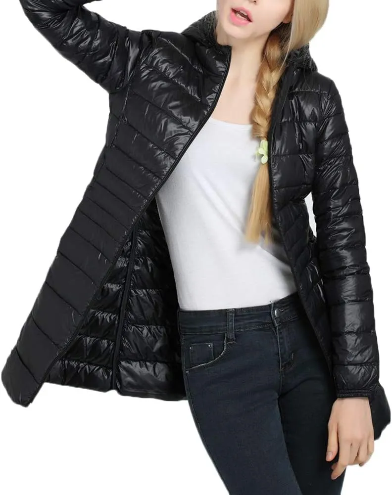 Women's Hooded Ultra Light Weight Coat Packable Outwear Long Puffer Down Jacket