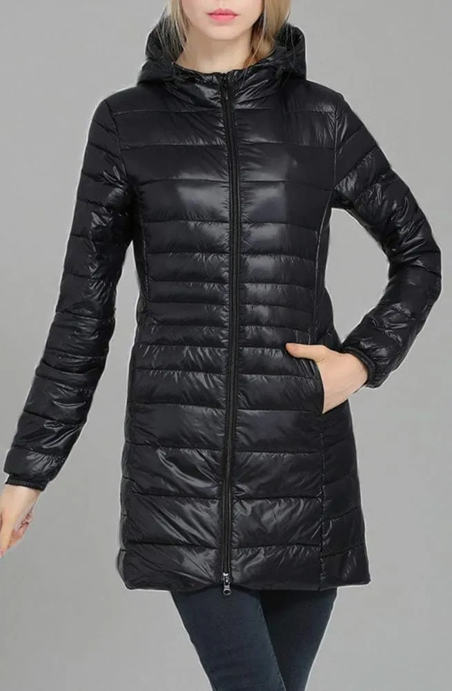 Women's Hooded Ultra Light Weight Coat Packable Outwear Long Puffer Down Jacket