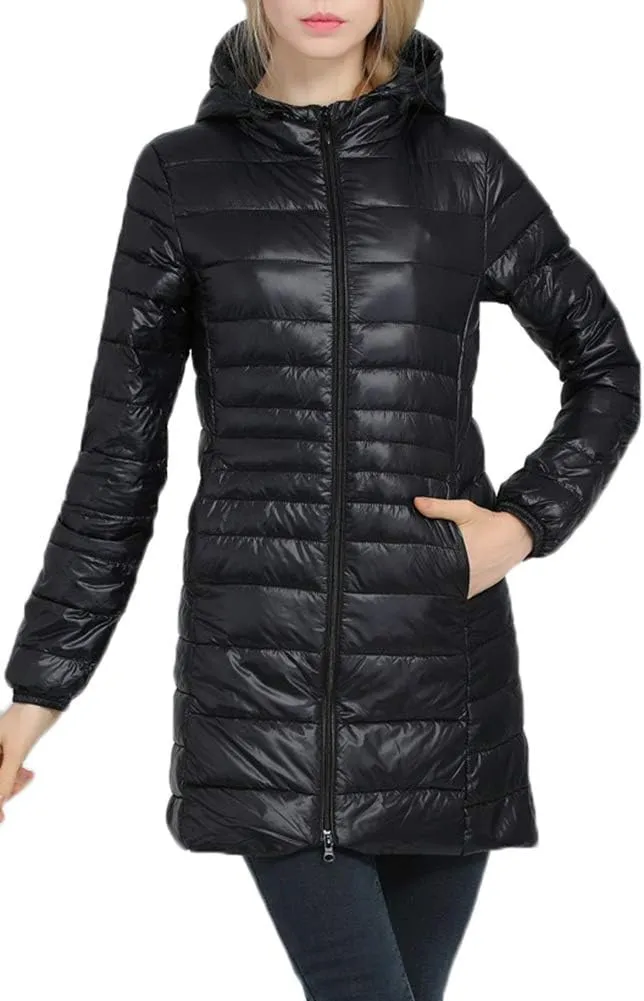 Women's Hooded Ultra Light Weight Coat Packable Outwear Long Puffer Down Jacket