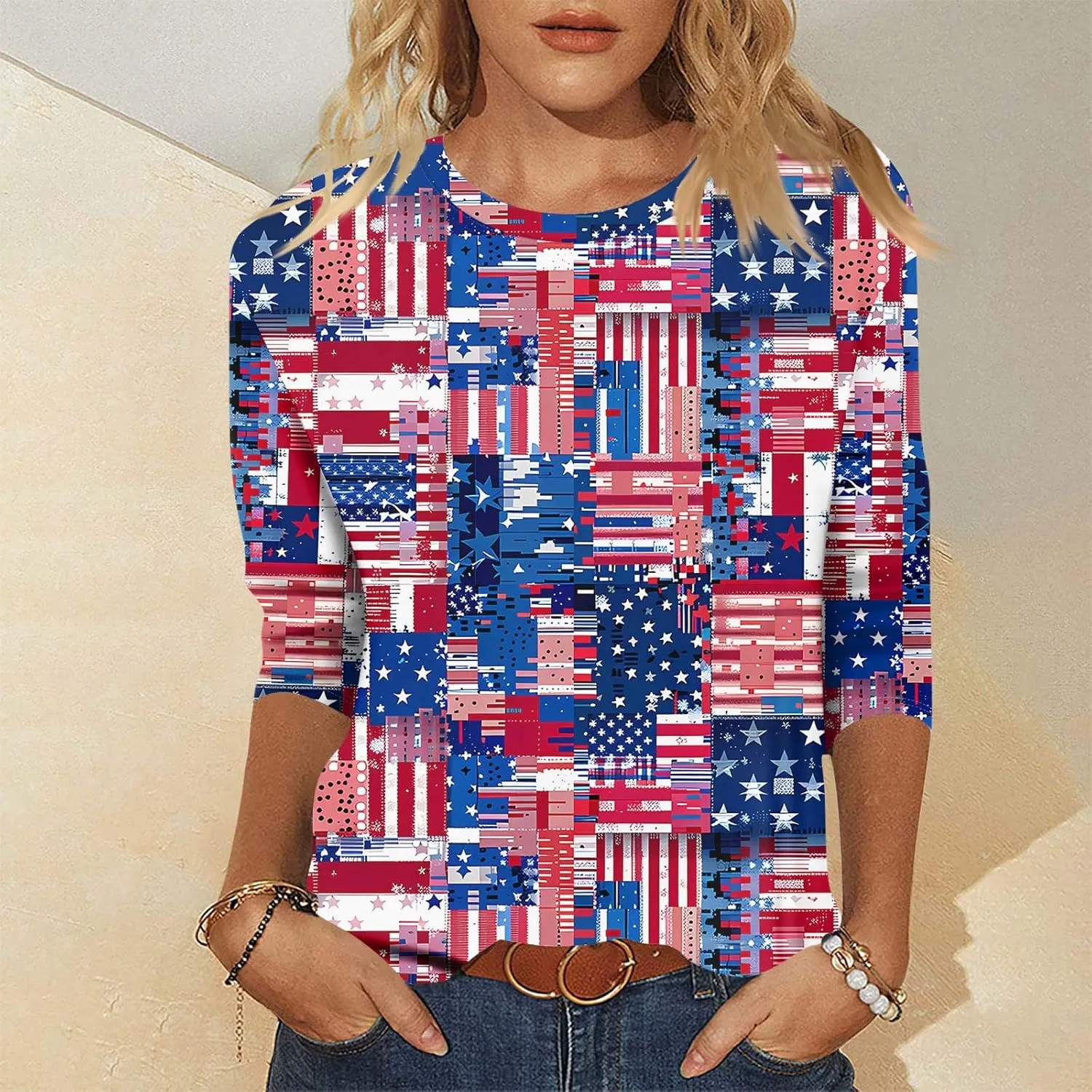 Womens July 4th Loose Trendy 3/4 Sleeve Shirts Independence Day Patriotic Casual Tops USA Flag Stars Stripes Blouse