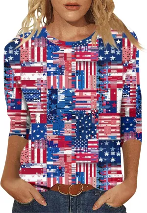 Womens July 4th Loose Trendy 3/4 Sleeve Shirts Independence Day Patriotic Casual Tops USA Flag Stars Stripes Blouse