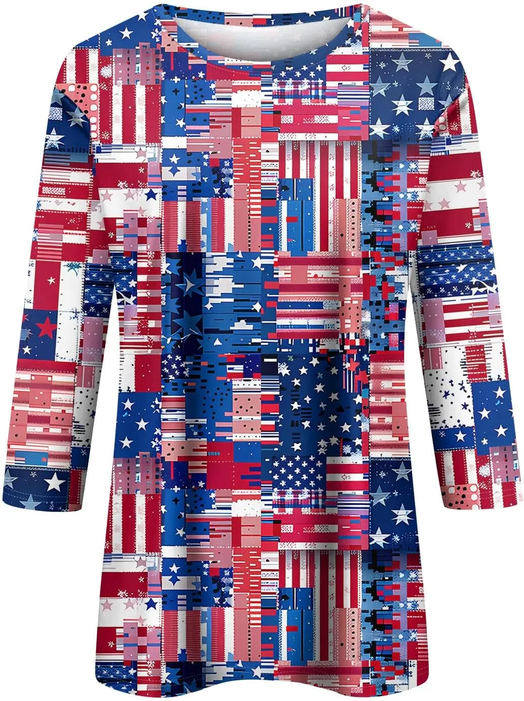 Womens July 4th Loose Trendy 3/4 Sleeve Shirts Independence Day Patriotic Casual Tops USA Flag Stars Stripes Blouse