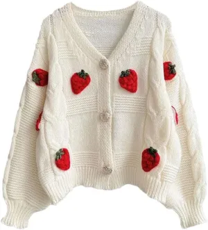 Women's Knit Strawberry Cardigan Cozy Short Chunky Sweater Long Sleeve Coat Daliy Fashion Trendy Tops Lightweight