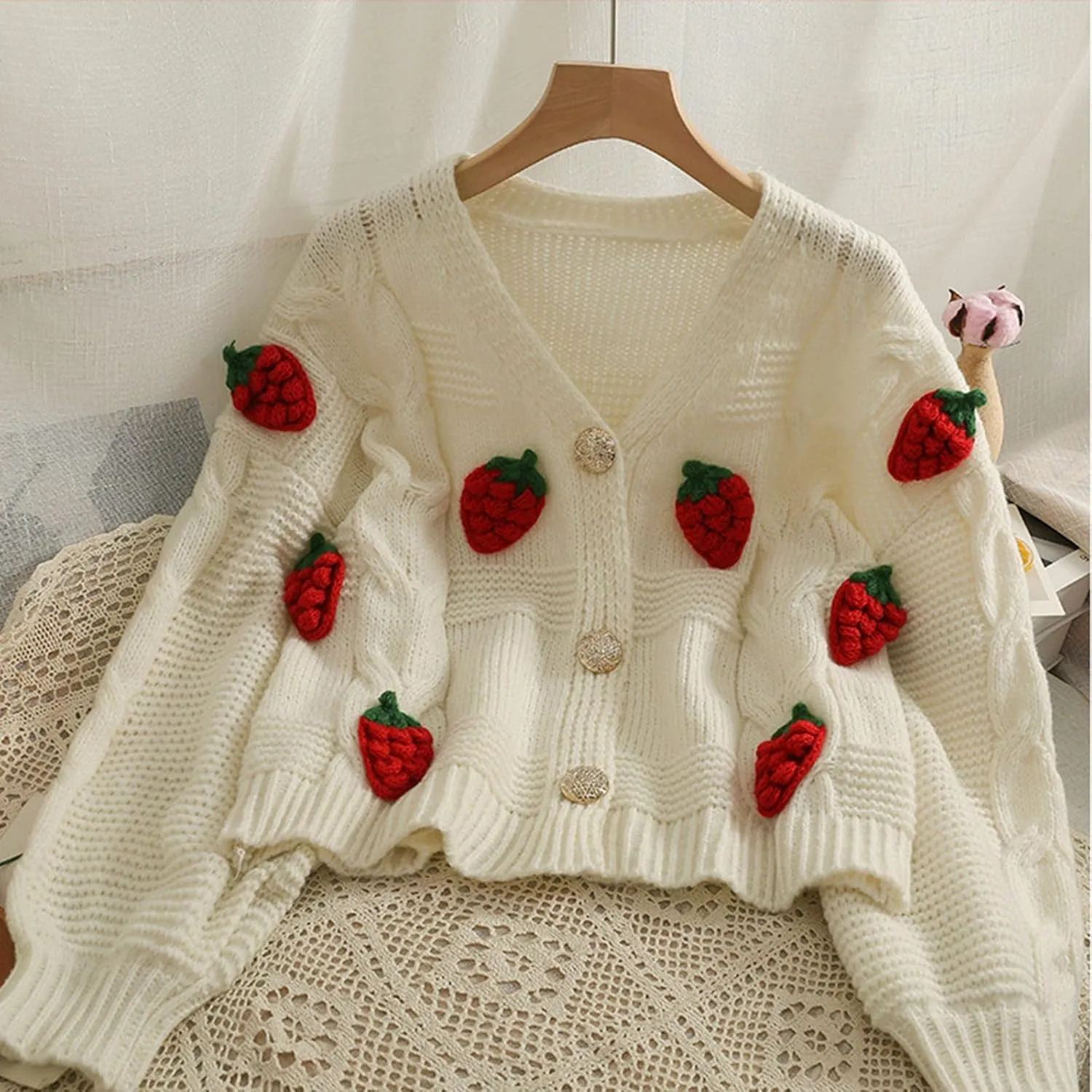 Women's Knit Strawberry Cardigan Cozy Short Chunky Sweater Long Sleeve Coat Daliy Fashion Trendy Tops Lightweight