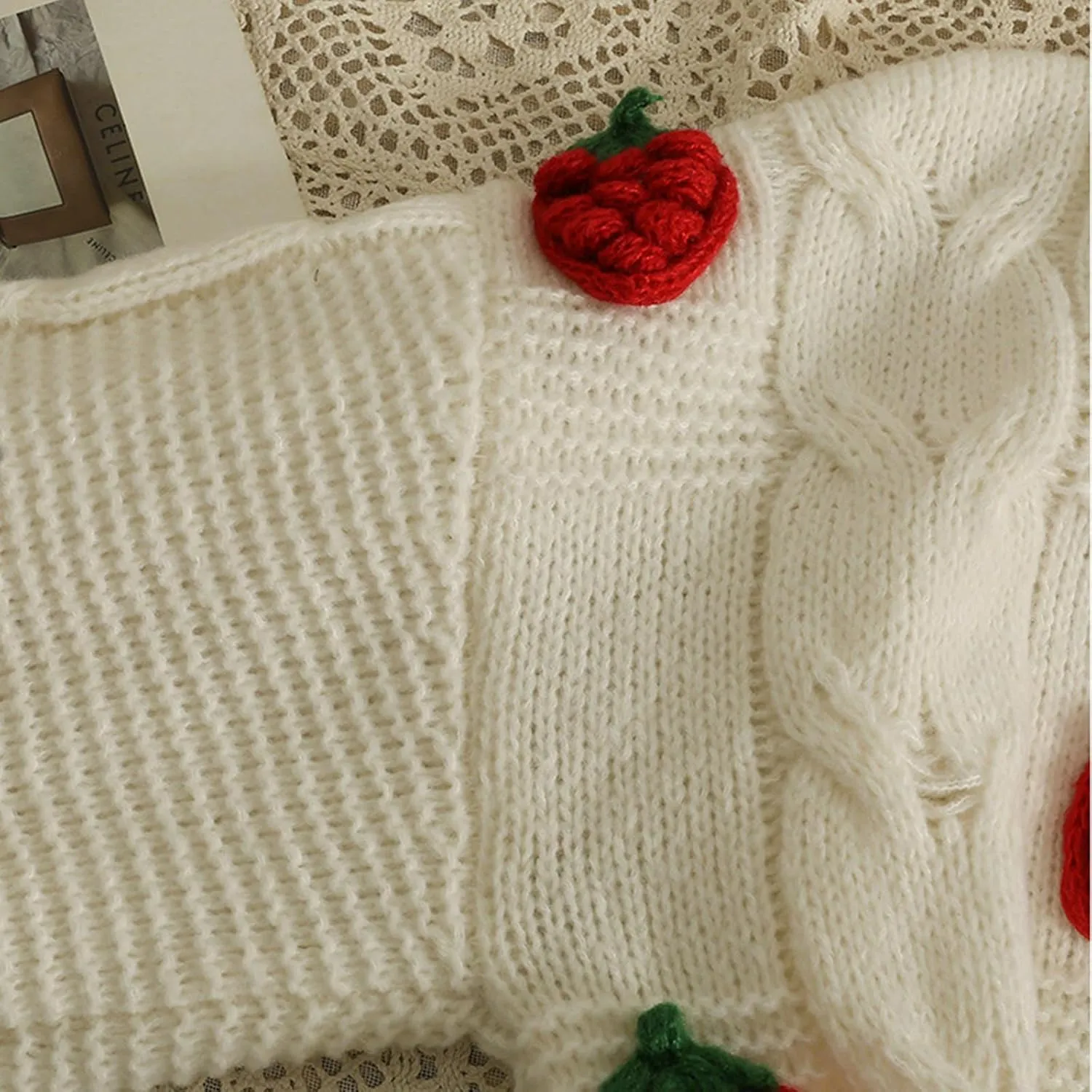 Women's Knit Strawberry Cardigan Cozy Short Chunky Sweater Long Sleeve Coat Daliy Fashion Trendy Tops Lightweight
