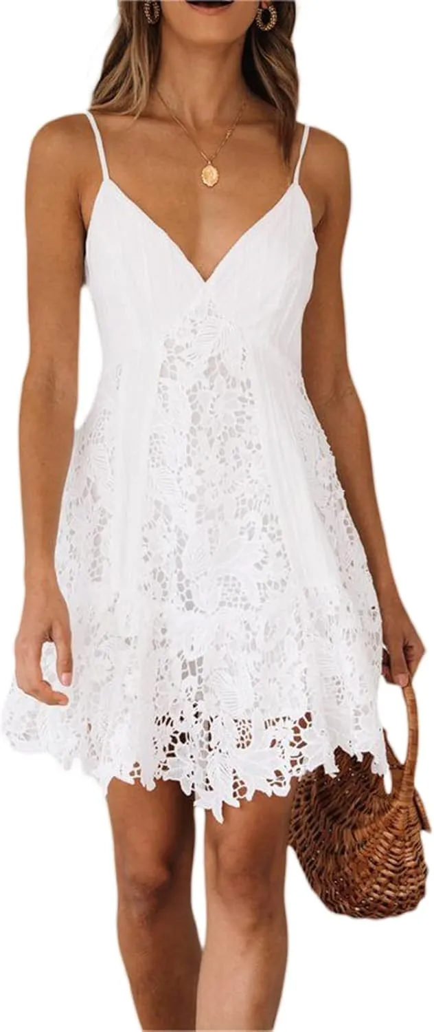 Women's Lace Mini Dress Elegant Ruffle Ruched Spaghetti Strap V Neck Low Cut Bodycon Dress Party Club Swing Dress Clubwear