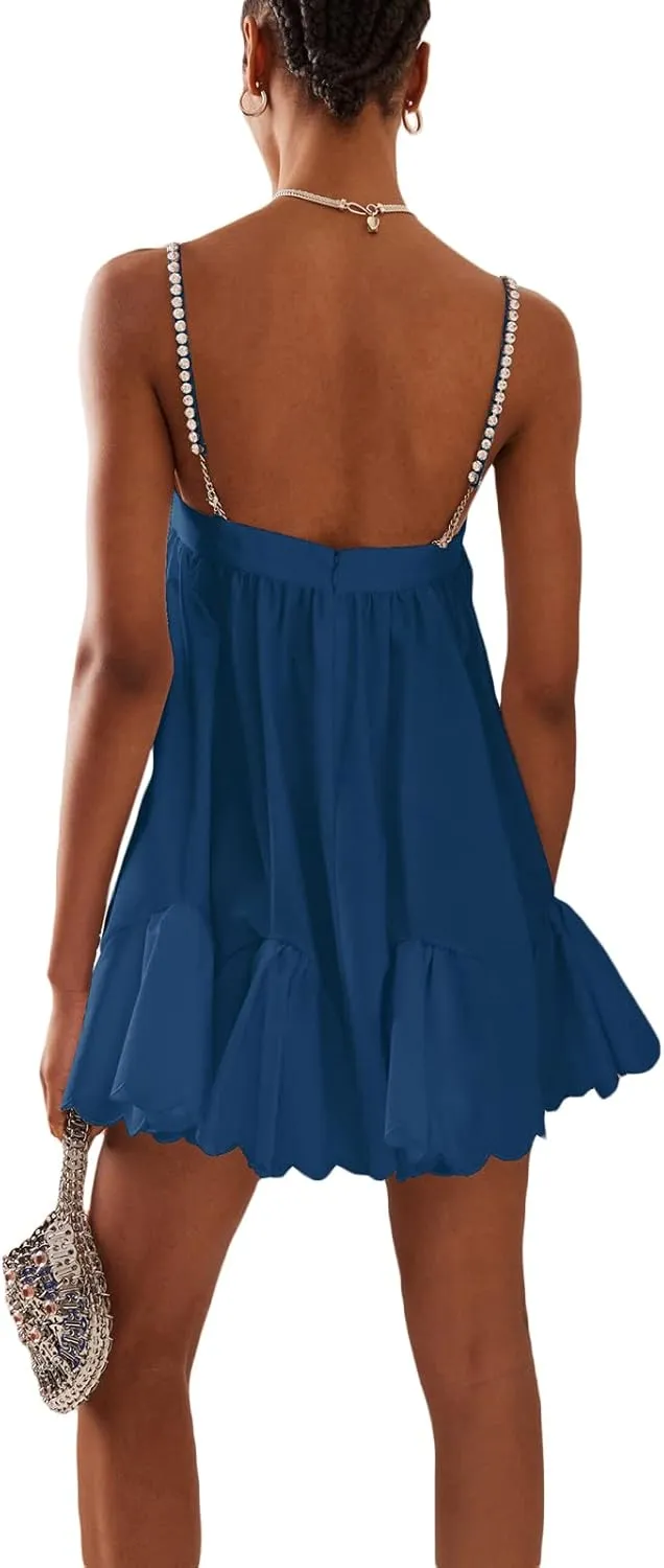 Women's Lace Mini Dress Elegant Ruffle Ruched Spaghetti Strap V Neck Low Cut Bodycon Dress Party Club Swing Dress Clubwear