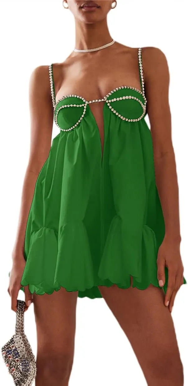 Women's Lace Mini Dress Elegant Ruffle Ruched Spaghetti Strap V Neck Low Cut Bodycon Dress Party Club Swing Dress Clubwear