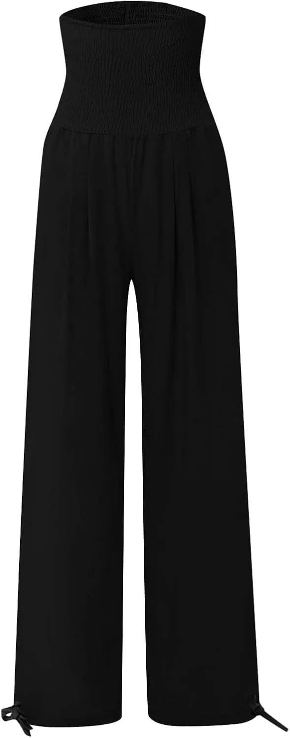 Womens Linen Pants Smocked Waisted Wide Leg Pants Summer Casual Beach Pants Baggy Comfy Yoga Pants with Pockets