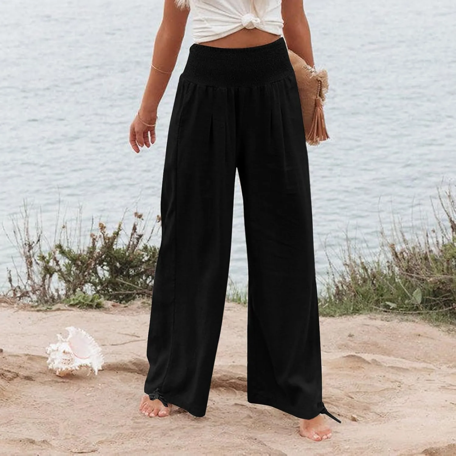 Womens Linen Pants Smocked Waisted Wide Leg Pants Summer Casual Beach Pants Baggy Comfy Yoga Pants with Pockets