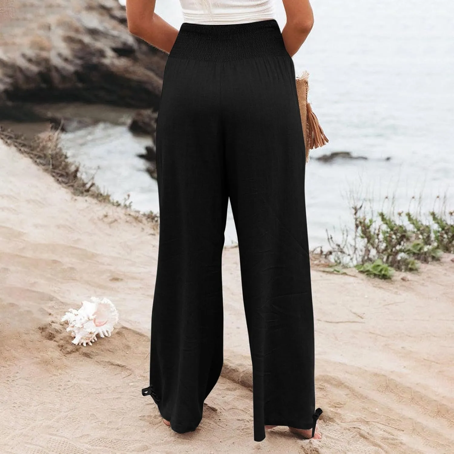 Womens Linen Pants Smocked Waisted Wide Leg Pants Summer Casual Beach Pants Baggy Comfy Yoga Pants with Pockets