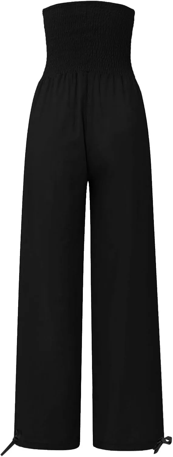 Womens Linen Pants Smocked Waisted Wide Leg Pants Summer Casual Beach Pants Baggy Comfy Yoga Pants with Pockets