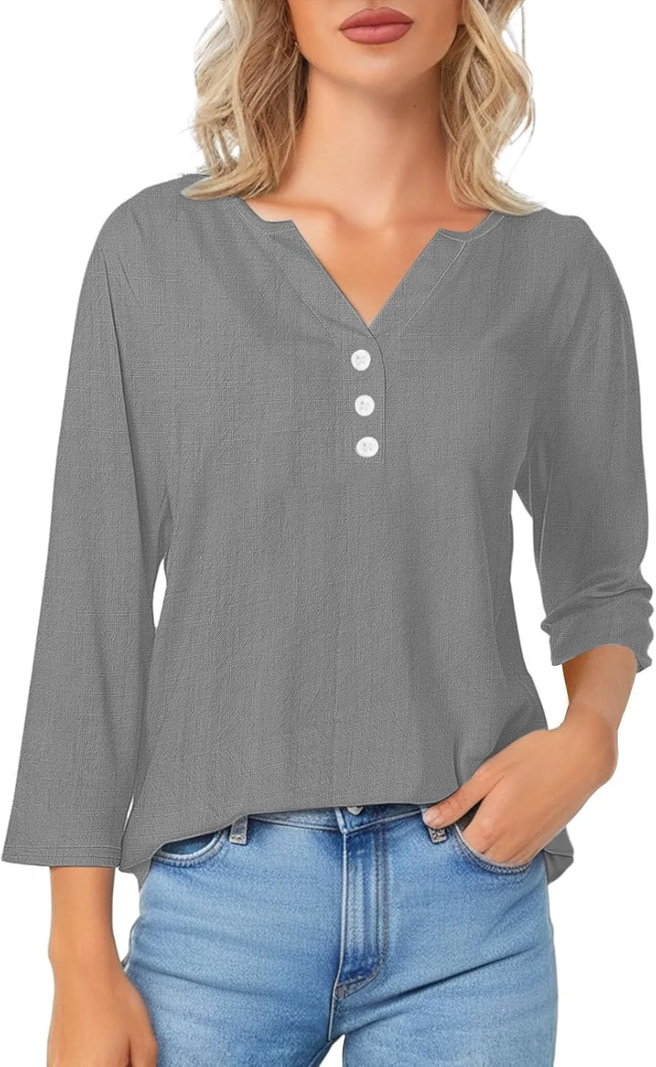 Womens Linen Shirts 3/4 Length Sleeve Linen Button Down V Neck Blouse Spring Summer Boho Shirts Travel Vacation Tops