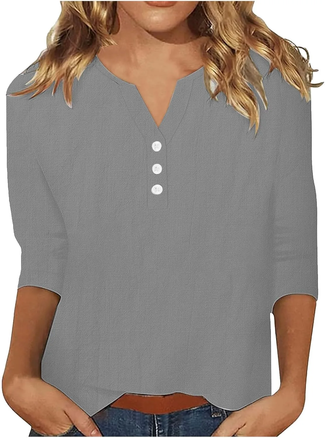 Womens Linen Shirts 3/4 Length Sleeve Linen Button Down V Neck Blouse Spring Summer Boho Shirts Travel Vacation Tops