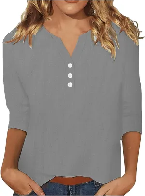 Womens Linen Shirts 3/4 Length Sleeve Linen Button Down V Neck Blouse Spring Summer Boho Shirts Travel Vacation Tops