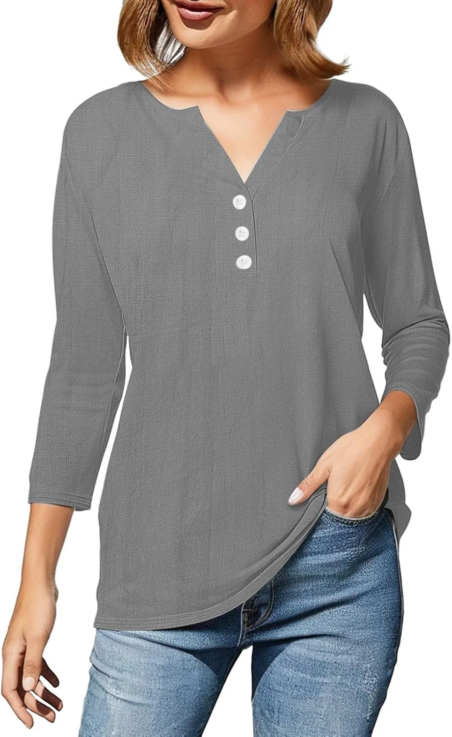 Womens Linen Shirts 3/4 Length Sleeve Linen Button Down V Neck Blouse Spring Summer Boho Shirts Travel Vacation Tops