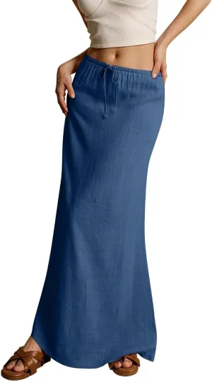 Womens Linen Skirt Cotton Linen Maxi Summer Comfy Drawstring Low Waist Spring Midi Skirt Flowy Vacation Bohemian