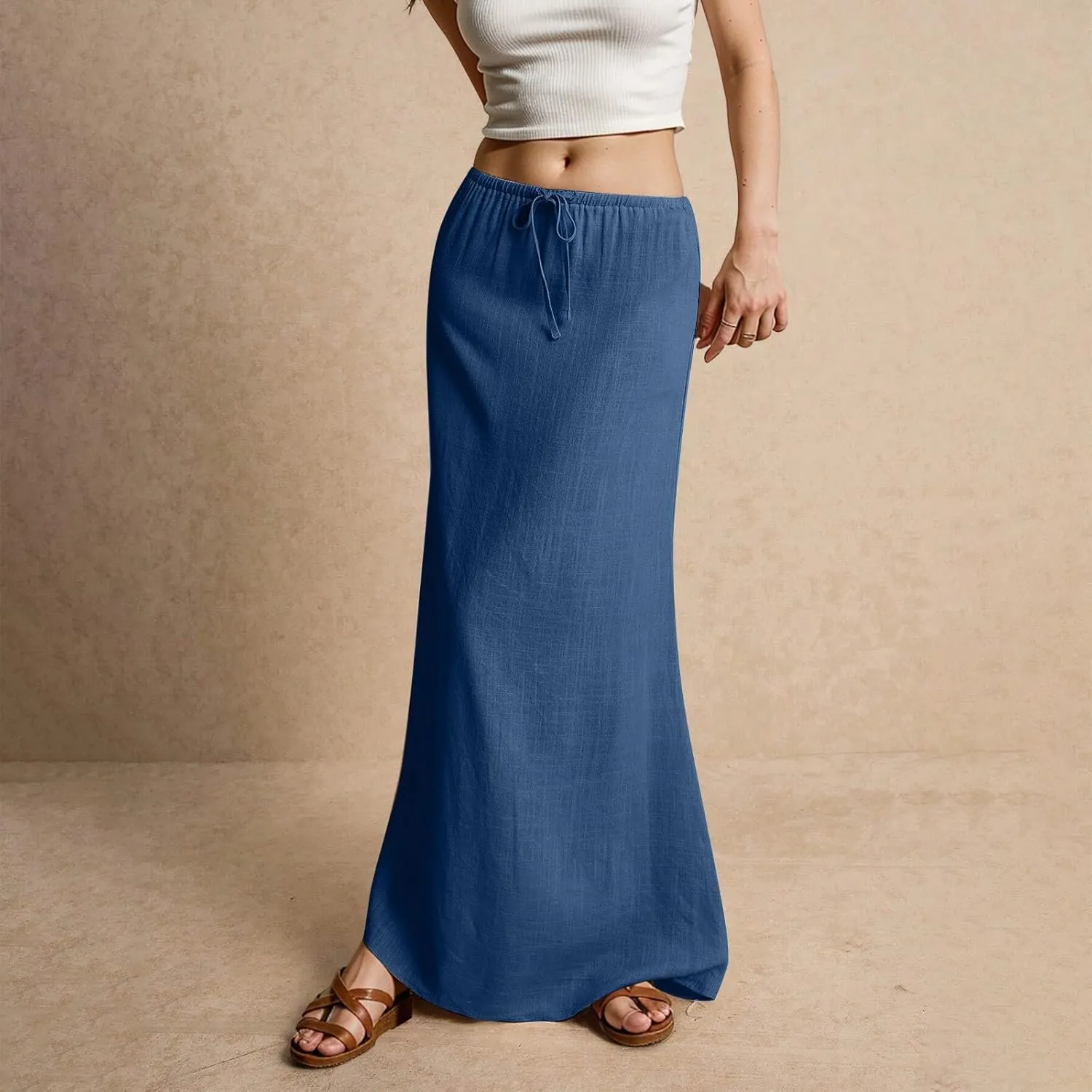 Womens Linen Skirt Cotton Linen Maxi Summer Comfy Drawstring Low Waist Spring Midi Skirt Flowy Vacation Bohemian