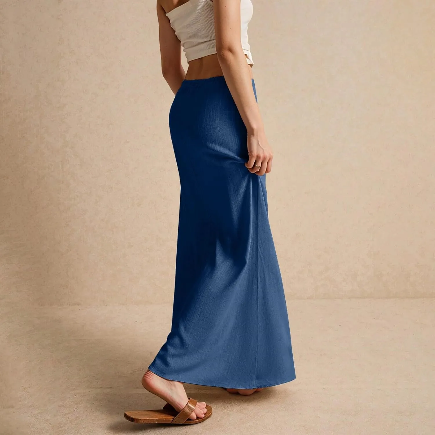 Womens Linen Skirt Cotton Linen Maxi Summer Comfy Drawstring Low Waist Spring Midi Skirt Flowy Vacation Bohemian