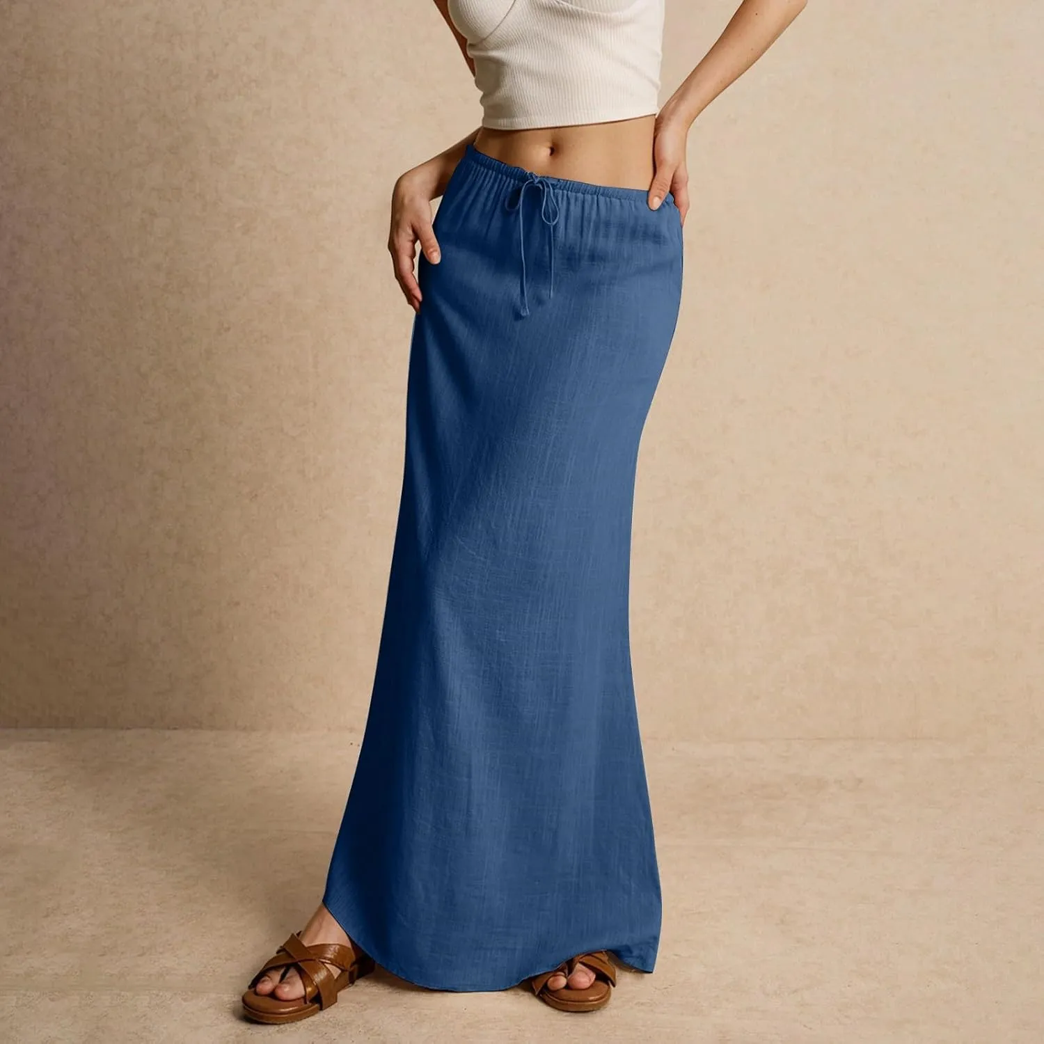 Womens Linen Skirt Cotton Linen Maxi Summer Comfy Drawstring Low Waist Spring Midi Skirt Flowy Vacation Bohemian