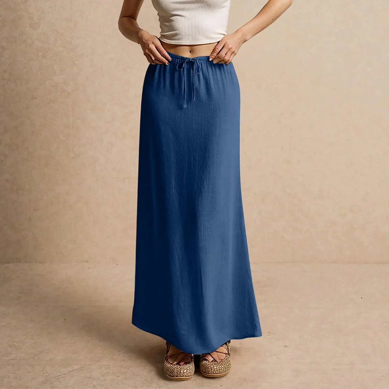 Womens Linen Skirt Cotton Linen Maxi Summer Comfy Drawstring Low Waist Spring Midi Skirt Flowy Vacation Bohemian