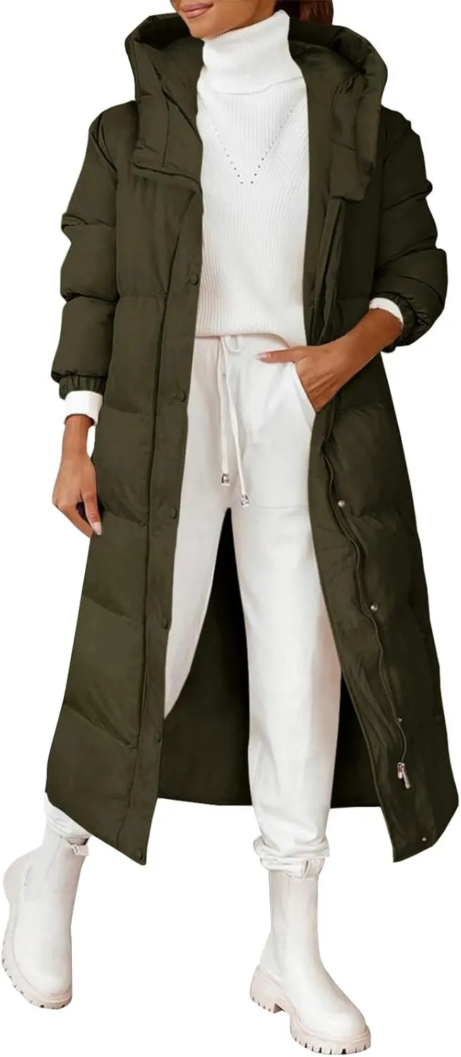 Womens Long Puffer Jackets Fashion Trench Coat 2024 Thickened Coat Hooded Deep Pockets Ladies Warm Winter Jacket
