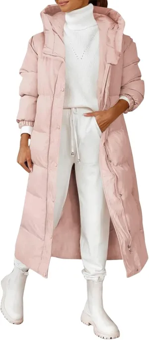 Womens Long Puffer Jackets Fashion Trench Coat 2024 Thickened Coat Hooded Deep Pockets Ladies Warm Winter Jacket