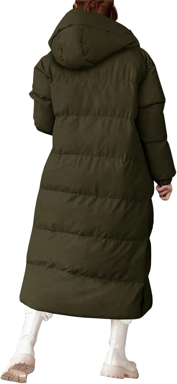 Womens Long Puffer Jackets Fashion Trench Coat 2024 Thickened Coat Hooded Deep Pockets Ladies Warm Winter Jacket
