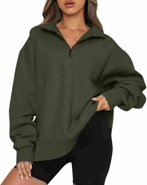 Womens Long Sleeve Hoodless Sweatshirt Trendy Quarter Zip Athletic Casual Pullover Tops Fall Warm Solid Color Top