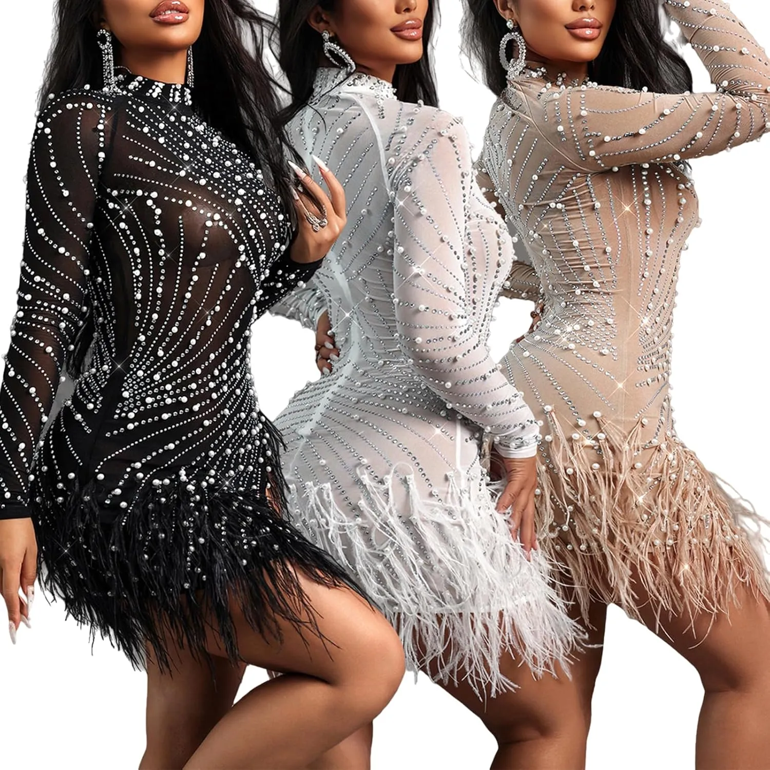 Women's Long Sleeve Night Out Club Dress Feather Beaded Mesh Bodycon Rhinestone Mini Dresses with Slit