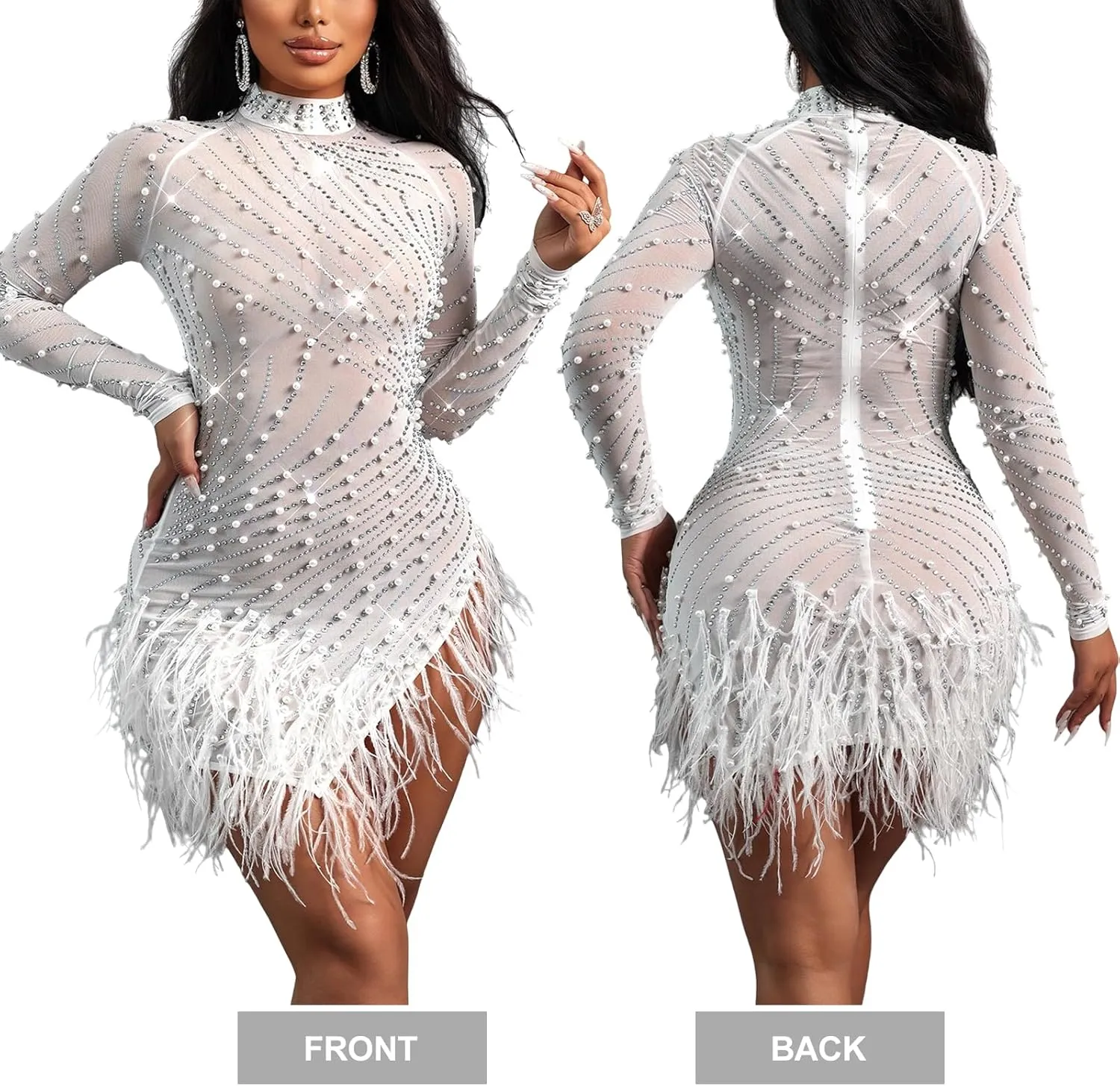 Women's Long Sleeve Night Out Club Dress Feather Beaded Mesh Bodycon Rhinestone Mini Dresses with Slit