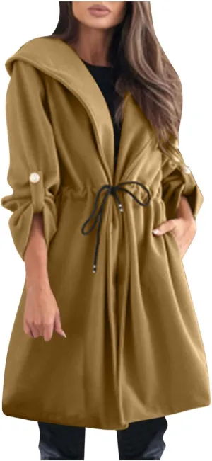Womens Long Wool Coats Winter Jackets Hooded Open Front Cardigan with Waist Drawstring Casual Trench Coats Overcoat