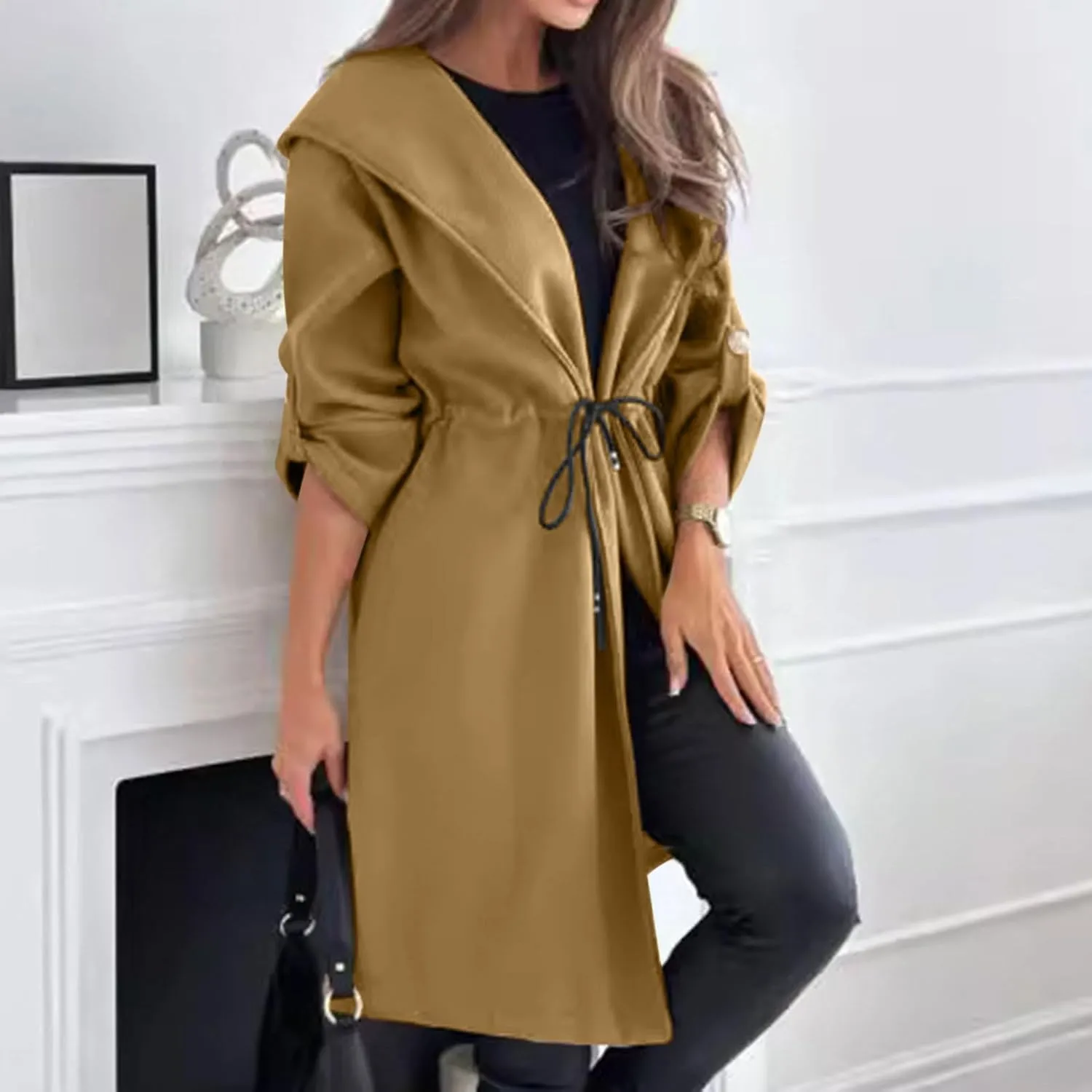 Womens Long Wool Coats Winter Jackets Hooded Open Front Cardigan with Waist Drawstring Casual Trench Coats Overcoat