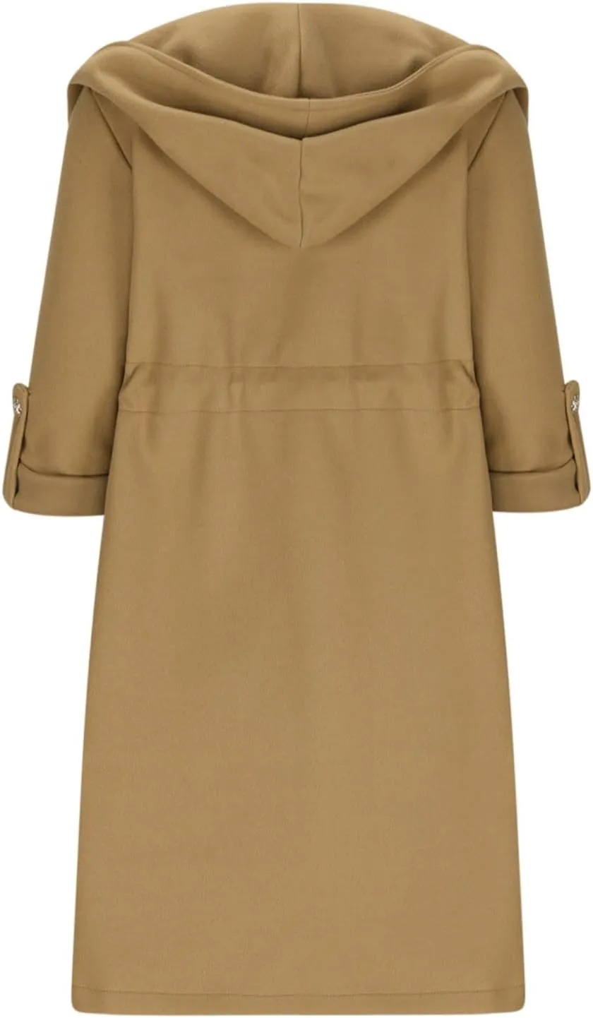 Womens Long Wool Coats Winter Jackets Hooded Open Front Cardigan with Waist Drawstring Casual Trench Coats Overcoat