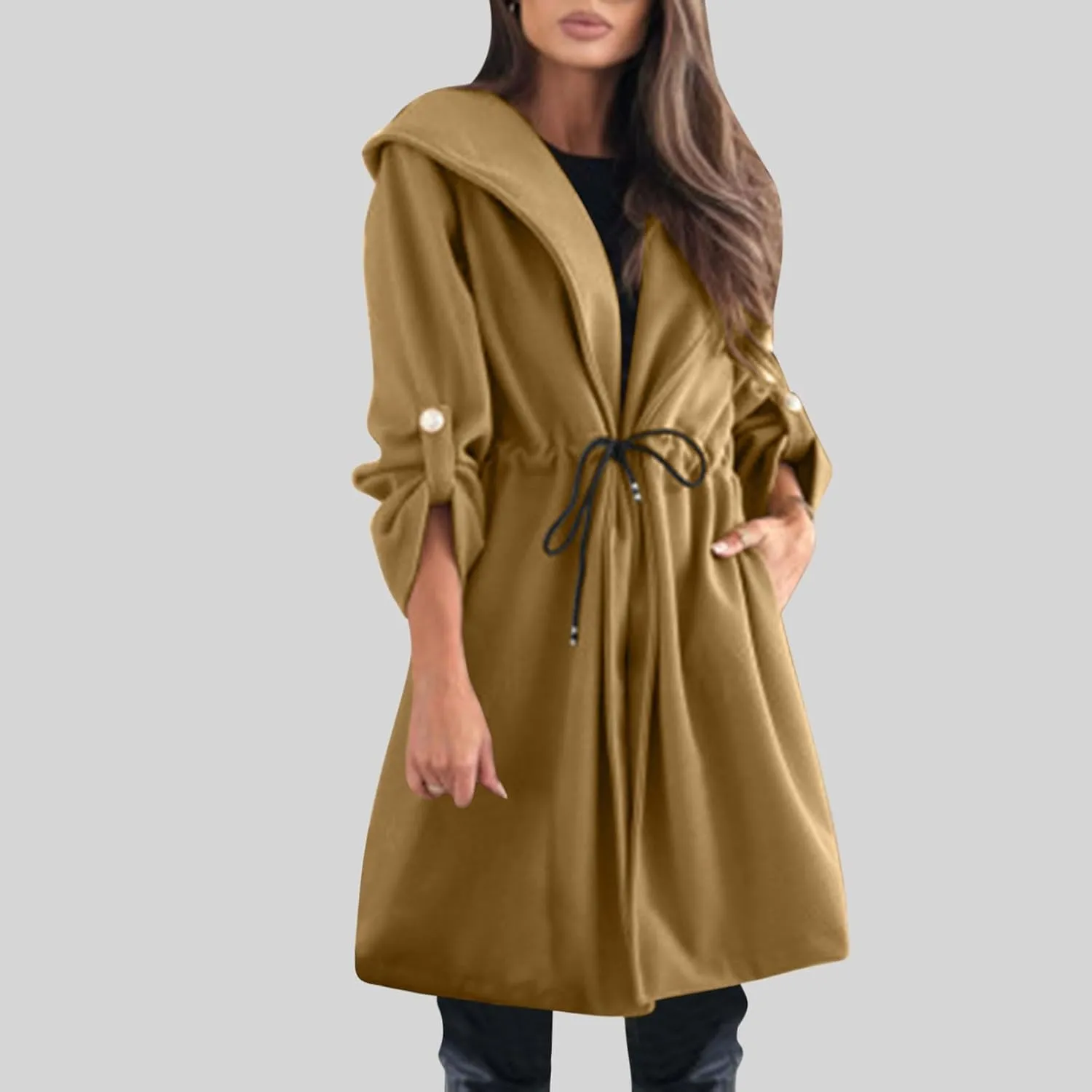 Womens Long Wool Coats Winter Jackets Hooded Open Front Cardigan with Waist Drawstring Casual Trench Coats Overcoat