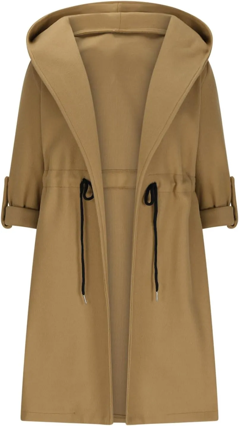 Womens Long Wool Coats Winter Jackets Hooded Open Front Cardigan with Waist Drawstring Casual Trench Coats Overcoat