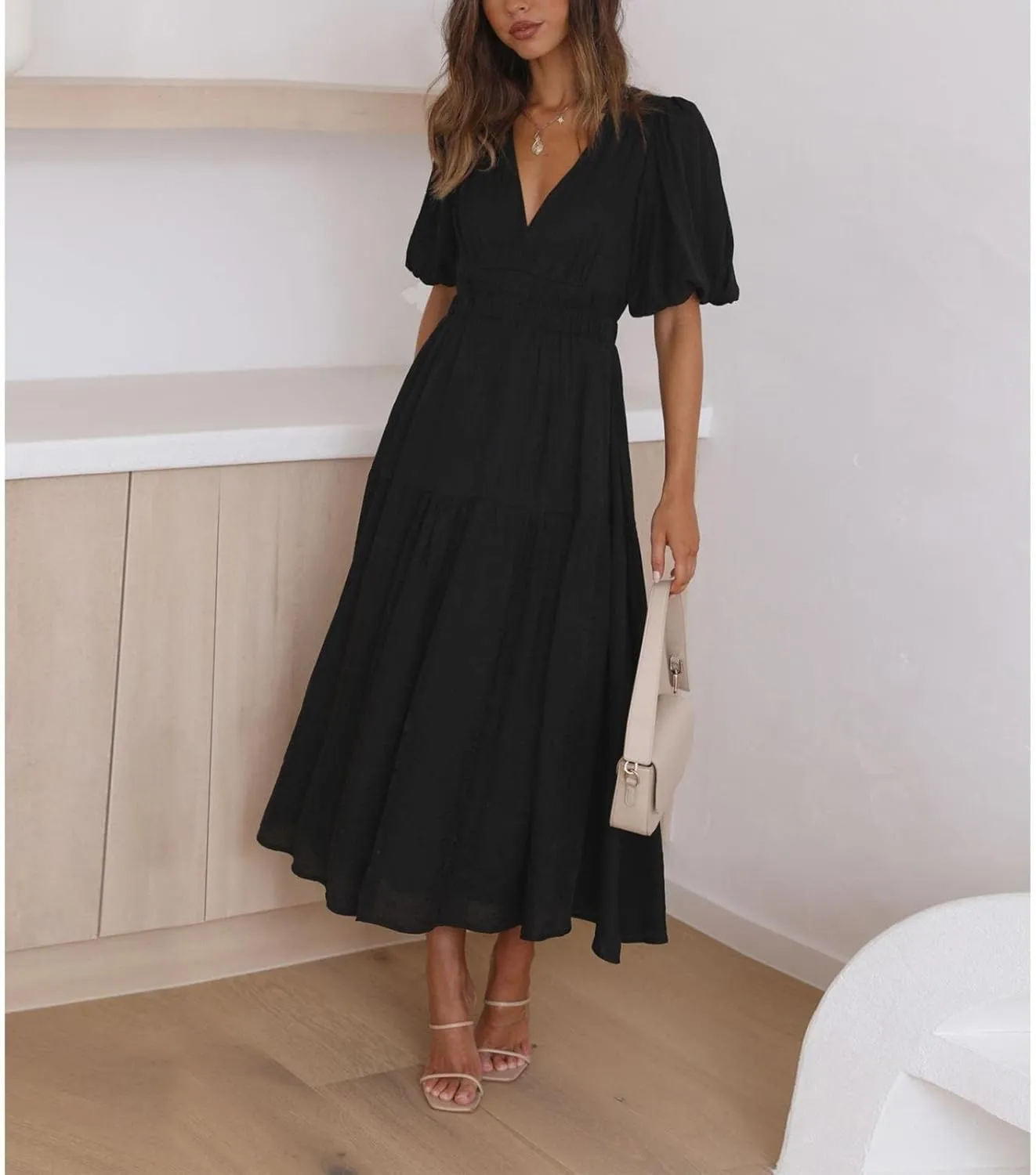 Womens Maxi Dress Wedding Guest Cocktail Short Sleeve Square Neck Ruched Formal Party Flowy Summer Dresses for Women