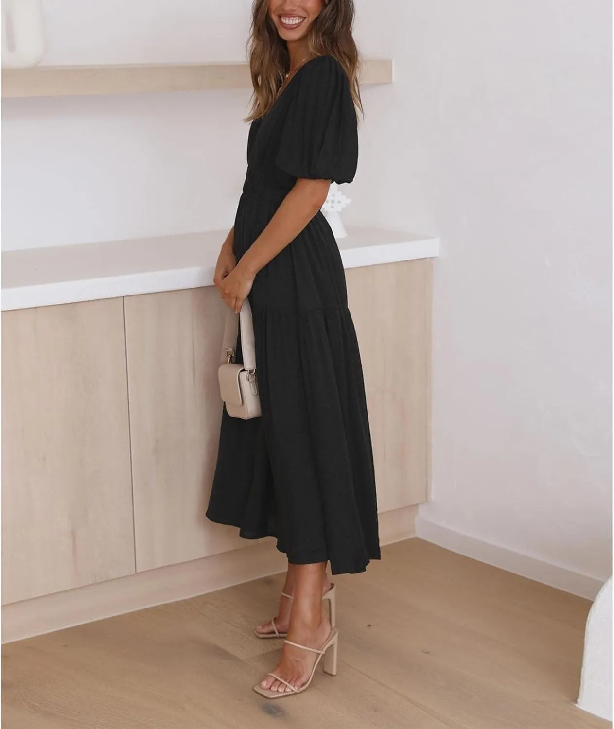 Womens Maxi Dress Wedding Guest Cocktail Short Sleeve Square Neck Ruched Formal Party Flowy Summer Dresses for Women
