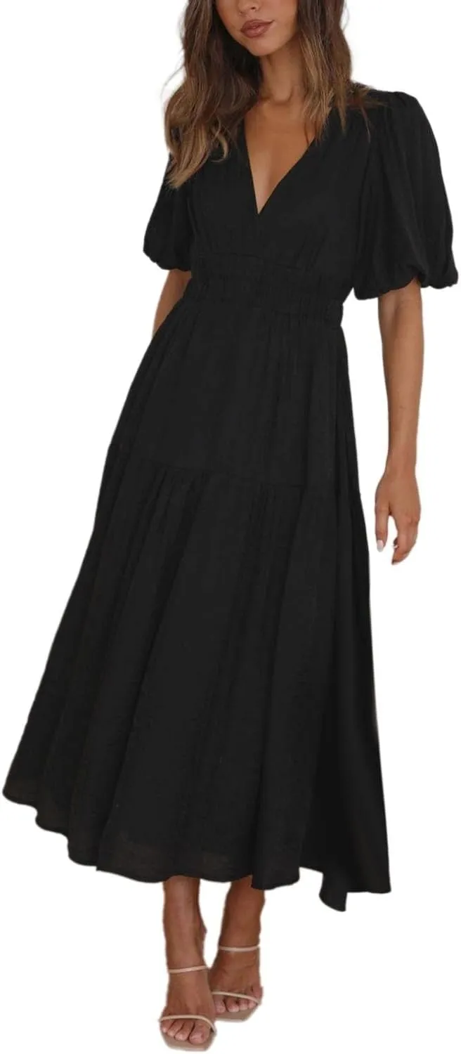 Womens Maxi Dress Wedding Guest Cocktail Short Sleeve Square Neck Ruched Formal Party Flowy Summer Dresses for Women