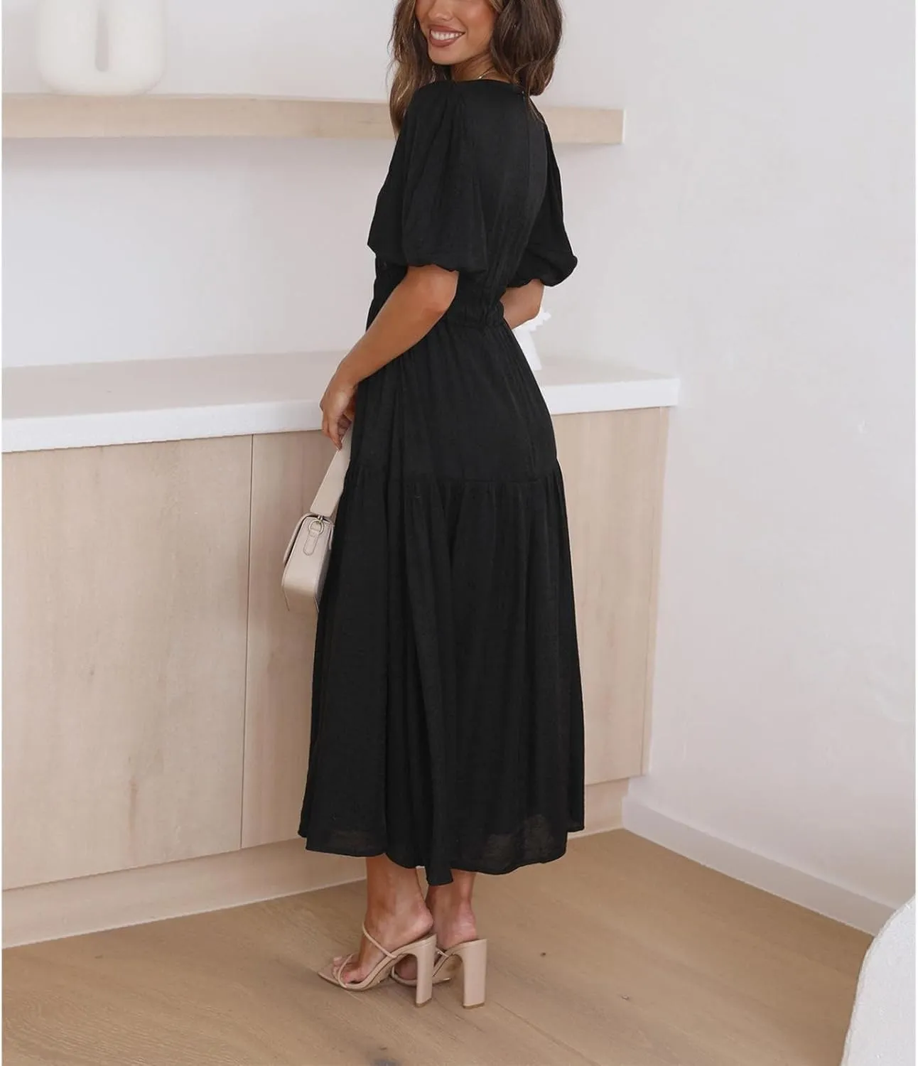 Womens Maxi Dress Wedding Guest Cocktail Short Sleeve Square Neck Ruched Formal Party Flowy Summer Dresses for Women