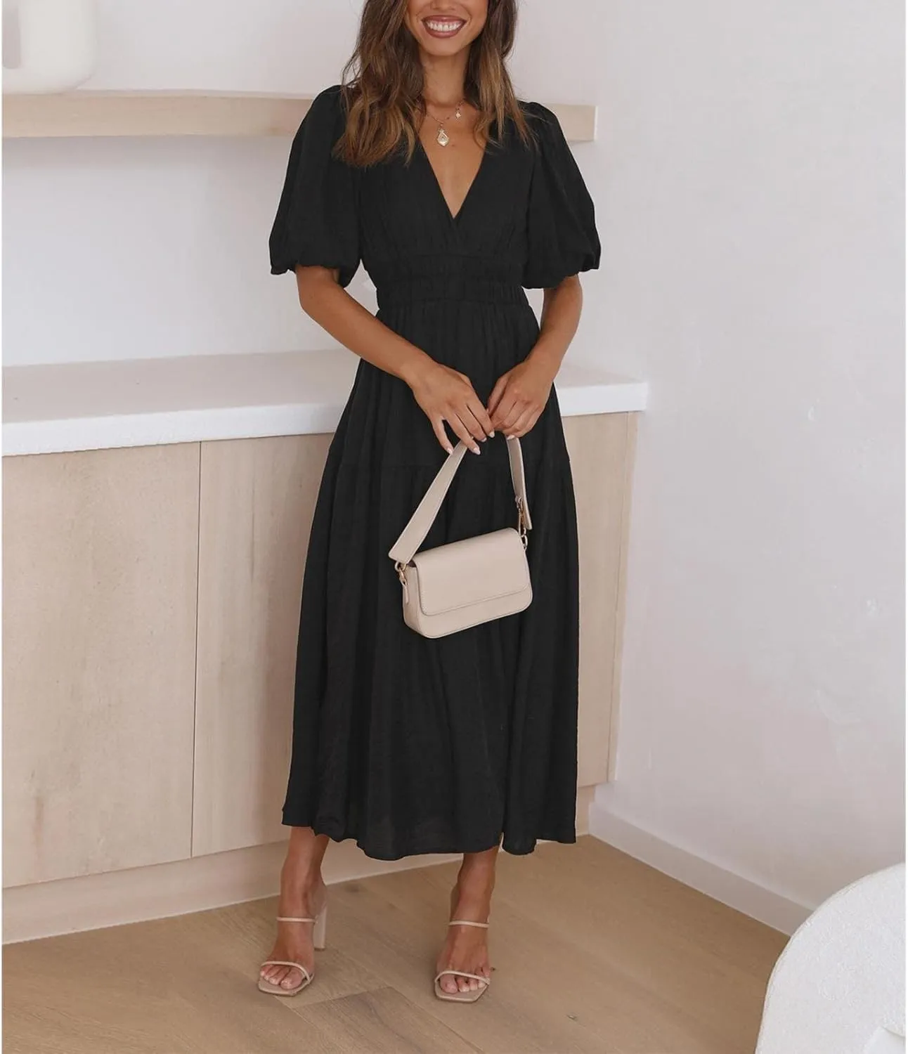 Womens Maxi Dress Wedding Guest Cocktail Short Sleeve Square Neck Ruched Formal Party Flowy Summer Dresses for Women
