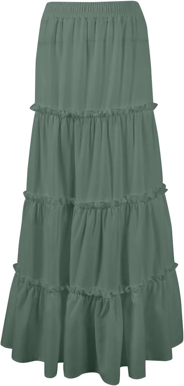 Womens Maxi Skirt Boho Tiered Long Skirts Summer Trendy A Line Ruffle Maxi Skirts Casual Resort Wear with Pockets