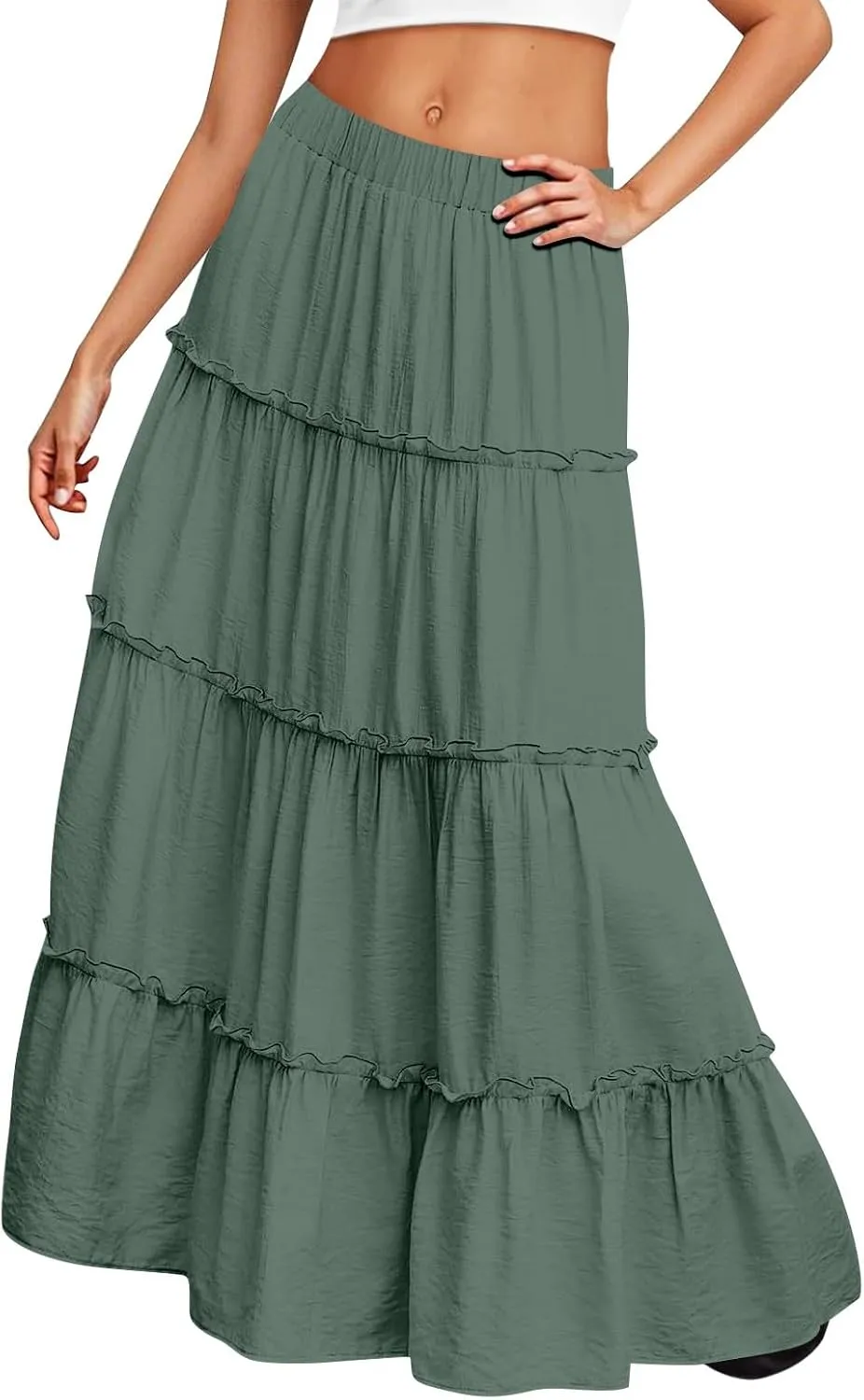 Womens Maxi Skirt Boho Tiered Long Skirts Summer Trendy A Line Ruffle Maxi Skirts Casual Resort Wear with Pockets